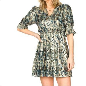 Ba&sh Gloria Mini Dress Silk Lurex color Teal Blue Gold  Sz Large